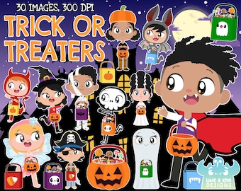 Trick or Treaters Clipart, Black and White, Digital Stamps, Halloween, Costume, Pumpkin, Candy, Sweets, Ghost, Devil, Bat, Vampire, Mummy