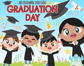 Graduation Day Clipart, Black and White, Digital Stamps, Commercial Clip Art, Celebration, School, College, Diploma, Student, Grads, Cap