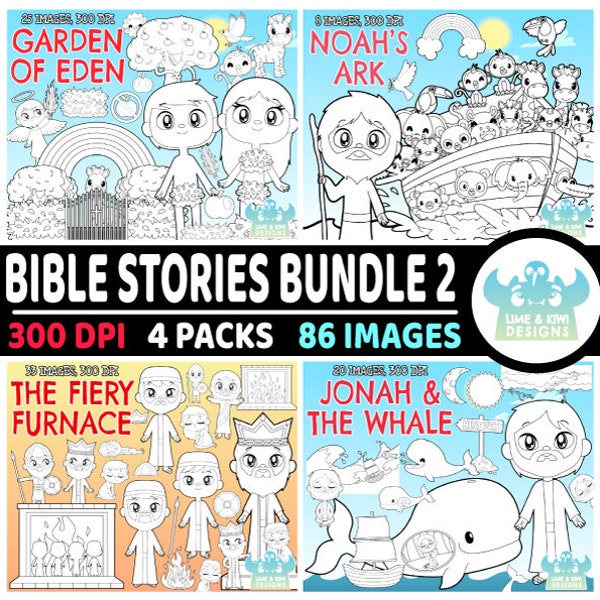 Bible Stories Digital Stamps Bundle 2, Noah's Ark, Jonah and the Whale, The Fiery Furnace, Adam and Eve, The Garden of Eden Biblical studies