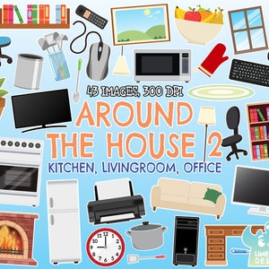 Around the House 2 - Kitchen, Livingroom, Office Clipart, Black and White, Digital Stamps, Computer, TV, Oven, Bookshelf, Sofa, Armchair