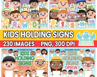 Kids Holding Signs Clipart Bundle 1, Letters, Numbers, Alphabet, Blank signs, Empty signs, Signs for schools, Classroom decor