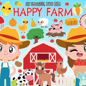 Happy Farm Clipart, Black and White, Digital Stamps, Commercial Use Clip Art, Tractor, Farmer, Pig, Cow, Sheep, Horse, Seeds, Barn, Crops