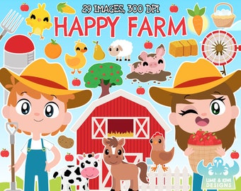 Happy Farm Clipart, Black and White, Digital Stamps, Commercial Use Clip Art, Tractor, Farmer, Pig, Cow, Sheep, Horse, Seeds, Barn, Crops