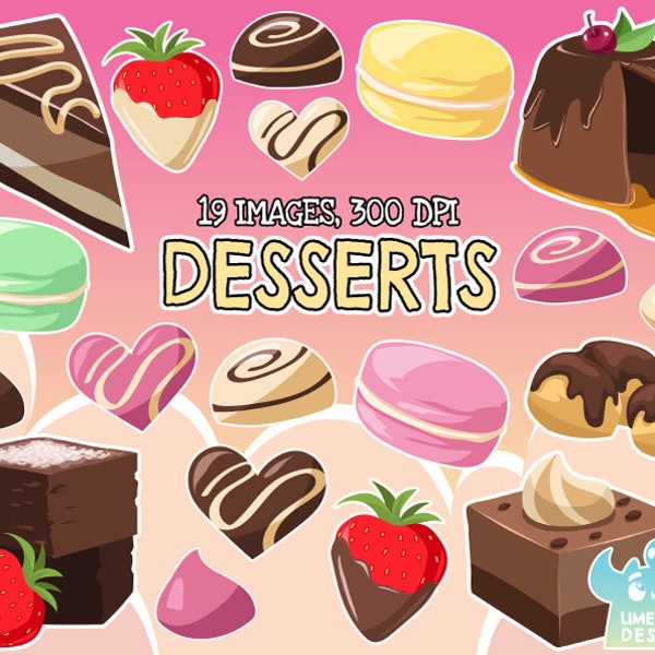 Desserts Clipart, Instant Download, Cake, Chocolate, Brownies, Strawberry, Pudding, Macaron, Sweets