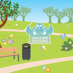 Puede incluir: Una ilustraci&oacute;n de dibujos animados de una escena de parque con un banco, un contenedor de basura y un logotipo azul y verde que dice "Lime & Kiwi Designs". El logotipo presenta un kiwi y una lima de dibujos animados.