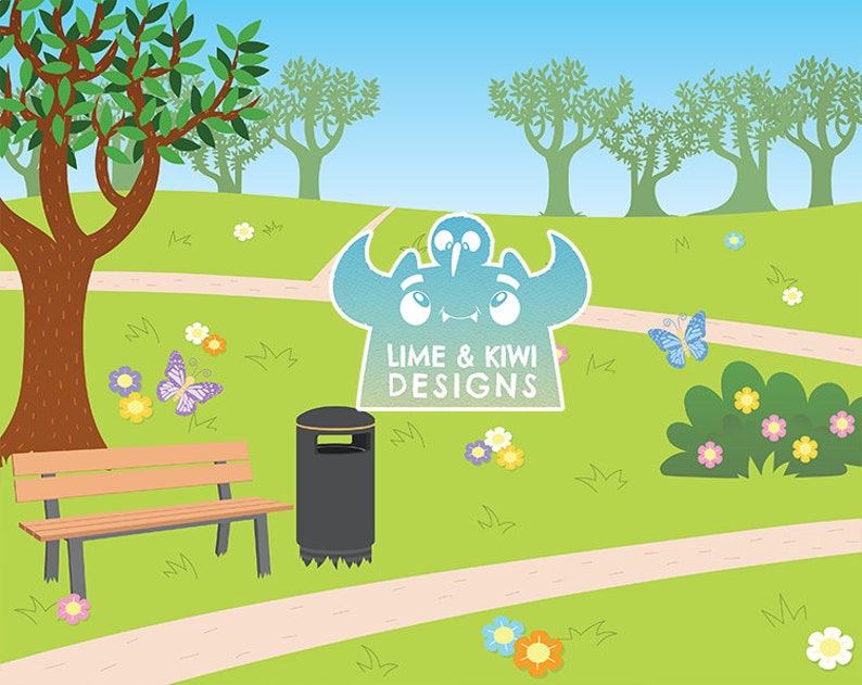 Puede incluir: Una ilustraci&oacute;n de dibujos animados de una escena de parque con un banco, un contenedor de basura y un logotipo azul y verde que dice "Lime & Kiwi Designs". El logotipo presenta un kiwi y una lima de dibujos animados.