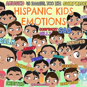 Hispanic Kids Emotions Clipart, Black and White, Digital Stamps, Facial Expressions, Kids Faces, Happy, Sad, Angry, Children Body language