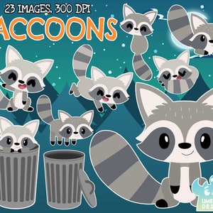 Raccoons Clipart, Black and White, Digital Stamps, Woodland Animal, Forest Animal, Monocle, Flowers, Ribbon, Bow, Top hat, Glasses, Trashcan
