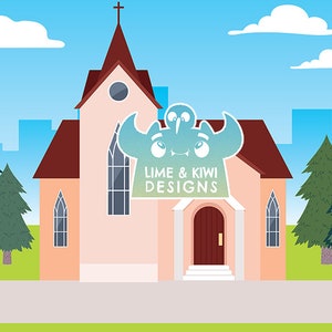 May include: A cartoon illustration of a church building with a cross on top. The church is pink with a brown roof and a brown door. There are two green trees on either side of the church. The text "Lime & Kiwi Designs" is on the front of the church.