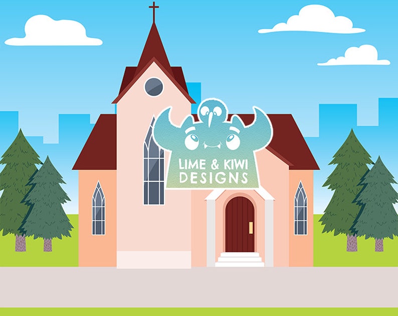 May include: A cartoon illustration of a church building with a cross on top. The church is pink with a brown roof and a brown door. There are two green trees on either side of the church. The text "Lime & Kiwi Designs" is on the front of the church.
