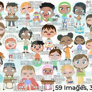 May include: A colorful illustration of 59 images featuring children of different ethnicities and genders. Each image depicts a child engaging in a different calming activity, such as reading a book, listening to music, or taking deep breaths. The text "59 Images, 300 DPI" is at the bottom of the image.