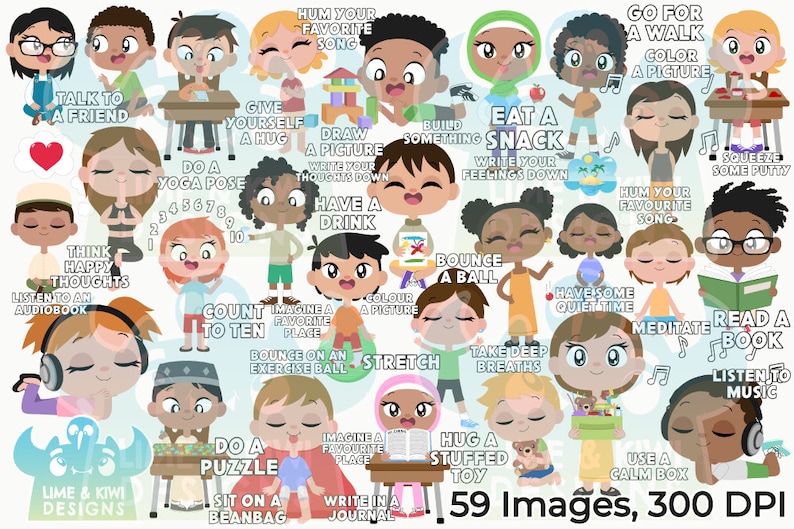 May include: A colorful illustration of 59 images featuring children of different ethnicities and genders. Each image depicts a child engaging in a different calming activity, such as reading a book, listening to music, or taking deep breaths. The text "59 Images, 300 DPI" is at the bottom of the image.