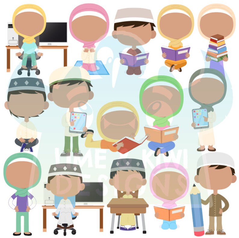 May include: A set of 13 digital illustrations of children wearing various head coverings and clothing, engaging in activities like reading, using a tablet, and sitting at a desk. The illustrations are in a cartoon style and feature bright colors.