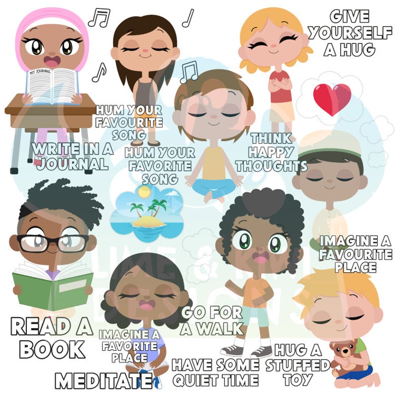 May include: Colorful illustration of ten children with different self-care activities. The activities include writing in a journal, humming a favorite song, meditating, going for a walk, reading a book, hugging a stuffed toy, thinking happy thoughts, giving yourself a hug, and imagining a favorite place.