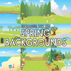 Spring Backgrounds Clipart, Black and White, Digital Stamps, Seasons, Garden, Hills, Forest, Woods, Park, Cabin, Beach, Sea, Ocean, Bridge