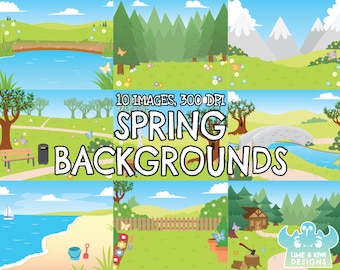 Spring Backgrounds Clipart, Black and White, Digital Stamps, Seasons, Garden, Hills, Forest, Woods, Park, Cabin, Beach, Sea, Ocean, Bridge
