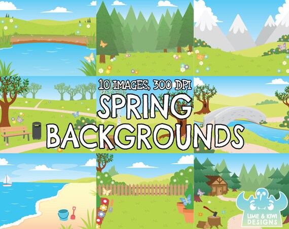 Spring Backgrounds Clipart, Black and White, Digital Stamps, Seasons, Garden, Hills, Forest, Woods, Park, Cabin, Beach, Sea, Ocean, Bridge