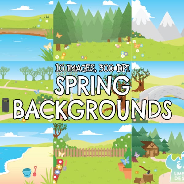 Spring Backgrounds Clipart, Black and White, Digital Stamps, Seasons, Garden, Hills, Forest, Woods, Park, Cabin, Beach, Sea, Ocean, Bridge