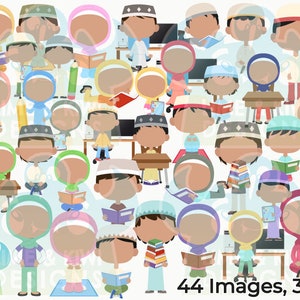 May include: A set of 44 digital illustrations of children wearing traditional Islamic clothing. The children are depicted in various poses and activities, including reading, writing, and playing. The illustrations are in a cartoon style and are perfect for use in educational materials, children's books, or other creative projects.