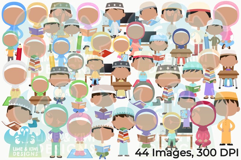 May include: A set of 44 digital illustrations of children wearing traditional Islamic clothing. The children are depicted in various poses and activities, including reading, writing, and playing. The illustrations are in a cartoon style and are perfect for use in educational materials, children's books, or other creative projects.