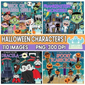 Halloween Characters Clipart Bundle 1, Black and White, Digital Stamps, Classic monsters, Frankenstein, Scarecrow, Crow, Trick or Treaters