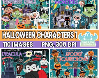 Halloween Characters Clipart Bundle 1, Classic monsters, Frankenstein, Scarecrow, Crow, Trick or Treaters, Costume, Mad Scientist, Castle