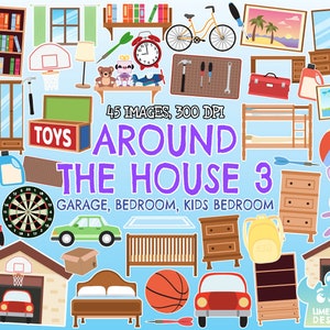 Around the House 3 - Adults Bedroom, Black and White, Digital Stamps, Kids Bedroom, Garage Clipart, Instant Download Art, Car, Tools, Toys
