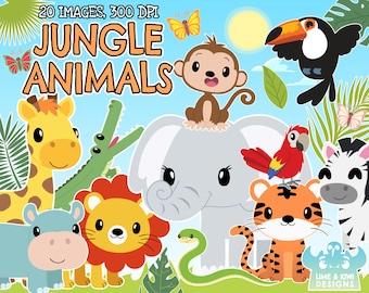 Jungle Animals Clipart, Black and White, Digital Stamps, Elephant, Tiger, Lion, Crocodile, Giraffe, Monkey, Hippo, Zebra, Safari, Toucan