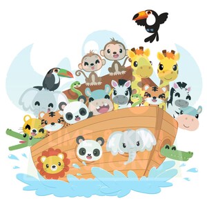 K&ouml;nnte beinhalten: Eine Cartoon-Illustration einer h&ouml;lzernen Arche, gef&uuml;llt mit verschiedenen Tieren, darunter ein Zebra, eine Giraffe, ein Panda, ein Elefant, ein Affe, ein Tiger und ein Krokodil. Die Arche schwimmt auf blauem Wasser mit wei&szlig;en Spritzern.