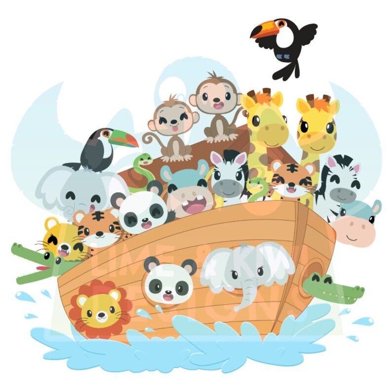 K&ouml;nnte beinhalten: Eine Cartoon-Illustration einer h&ouml;lzernen Arche, gef&uuml;llt mit verschiedenen Tieren, darunter ein Zebra, eine Giraffe, ein Panda, ein Elefant, ein Affe, ein Tiger und ein Krokodil. Die Arche schwimmt auf blauem Wasser mit wei&szlig;en Spritzern.