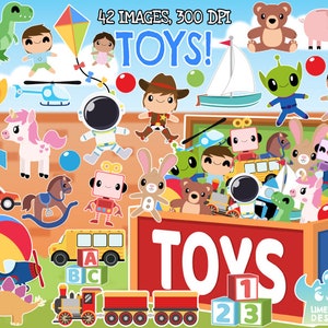 May include: A colorful illustration of a toy chest overflowing with toys. The chest is red with a blue trim and the word "TOYS" is written in white letters. The toys include a unicorn, a rocket, a dinosaur, a teddy bear, a spaceship, a robot, a train, a bus, a ball, a rocking horse, a bunny, a pig, a spaceship, a helicopter, a sailboat, a green alien, a girl with brown hair, a boy with brown hair, a dinosaur, a duck, a building block, and a number block. The image is titled "42 IMAGES, 300 DPI TOYS!"