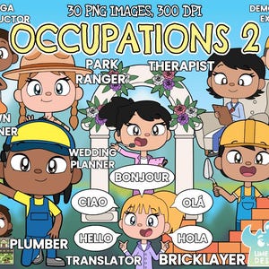Occupations 2 Clipart, Black and White, Digital Stamps, Author, Demolition Expert, Interior Designer, Park ranger, Plumber, Civil engineer