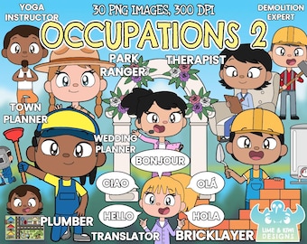Occupations 2 Clipart, Black and White, Digital Stamps, Author, Demolition Expert, Interior Designer, Park ranger, Plumber, Civil engineer