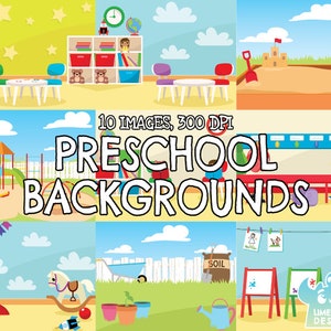 Preschool Backgrounds Clipart, Black and White, Digital Stamps, Commercial Clip Art, School, Playground, Painting, Garden, Sandbox Backpacks