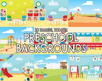 Preschool Backgrounds Clipart, Black and White, Digital Stamps, Commercial Clip Art, School, Playground, Painting, Garden, Sandbox Backpacks