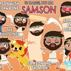 May include: A set of 44 digital illustrations featuring Samson from the Bible. The illustrations depict Samson with a jawbone, fighting a lion, and with Delilah. The illustrations are in a cartoon style and are perfect for use in children's books, educational materials, or crafts.
