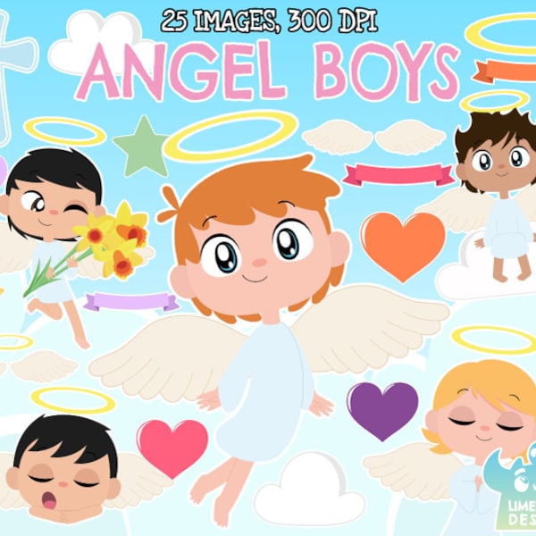 Angel Boys Clipart, Black and White, Digital Stamps, Instant Download Art, Heaven, Religious, Christian, Jesus, God, Divine, Angel Wings