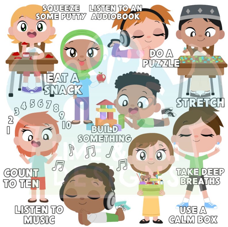 May include: Colorful illustration of ten different ways to calm down, featuring cartoon children engaging in activities like squeezing putty, listening to an audiobook, eating a snack, building something, counting to ten, listening to music, doing a puzzle, stretching, taking deep breaths, and using a calm box.