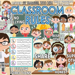 Classroom Rules Clipart, Black and White, Digital Stamps, Education, Back to School, Education, Teacher, Learning, School Rules, Children
