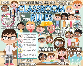 Classroom Rules Clipart, Black and White, Digital Stamps, Education, Back to School, Education, Teacher, Learning, School Rules, Children