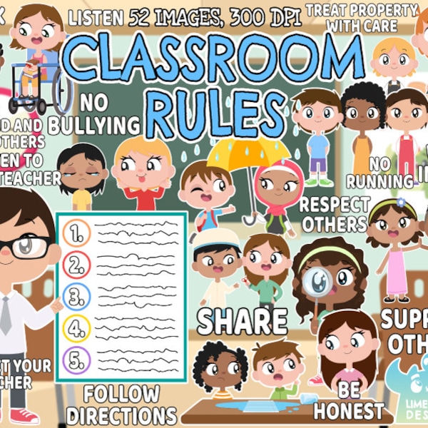Classroom Rules Clipart, Black and White, Digital Stamps, Education, Back to School, Education, Teacher, Learning, School Rules, Children