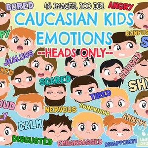Caucasian Kids Emotions - Faces Clipart, Black and White, Digital Stamps, Facial Expressions, Kids Faces, Happy, Sad, Angry, Silly, Nervous