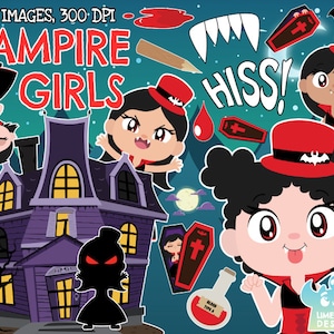 Vampire Girls Clipart, Black and White, Digital Stamps, Halloween, Fangs, Haunted House, Gravestone, Vampire Bat, Coffin, Halloween Costume
