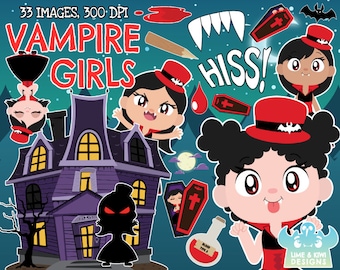 Vampire Girls Clipart, Black and White, Digital Stamps, Halloween, Fangs, Haunted House, Gravestone, Vampire Bat, Coffin, Halloween Costume