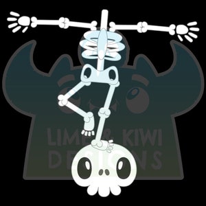 May include: A white skeleton in a yoga pose, standing on a white skull with black eyes. The skeleton is in a handstand position with one leg extended and the other bent at the knee. The skull has a small, white, toothy grin. The background is a dark green with a blurry image of a monster with large eyes.