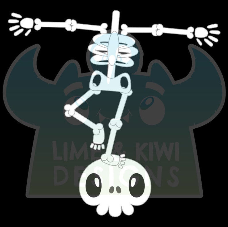 May include: A white skeleton in a yoga pose, standing on a white skull with black eyes. The skeleton is in a handstand position with one leg extended and the other bent at the knee. The skull has a small, white, toothy grin. The background is a dark green with a blurry image of a monster with large eyes.