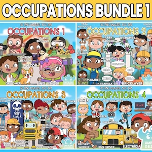 May include: A vibrant digital art bundle labelled "Occupations Bundle 1" with cartoon illustrations of various professions. The image includes the text "38 PNG Images, 300 DPI" and showcases occupations like marine biologist, actor, and plumber.