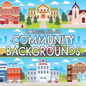 Community Backgrounds Clipart, Black and White, Digital Stamps, Commercial Clip Art, Police station, Fire station, Hospital, Church, School
