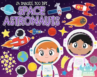 Space Astronauts Clipart, Black and White, Digital Stamps, Galaxy, Universe, Planet, Sun, Shooting Star, Comet, Asteroid, Spaceman, Earth