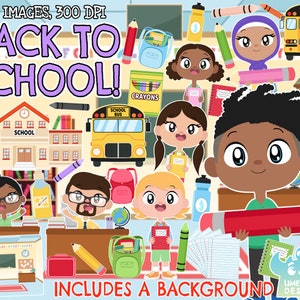 K&ouml;nnte beinhalten: Ein Set mit 63 Clipart-Bildern zum Thema Schulbeginn, darunter ein Schulbus, ein Schulgeb&auml;ude, ein Lehrer, Sch&uuml;ler, Rucks&auml;cke, Bleistifte, Buntstifte, Scheren und ein Klassenzimmer-Hintergrund. Die Bilder sind im Cartoon-Stil gehalten und zeigen diverse Charaktere.